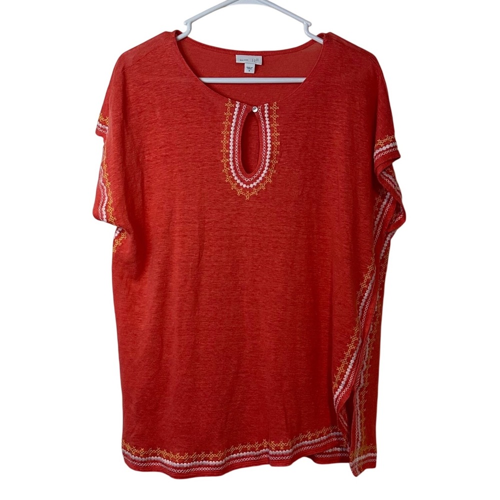 J. Jill Love Linen Women's Embroidered Top Size M Coral Summer Coastal Beach